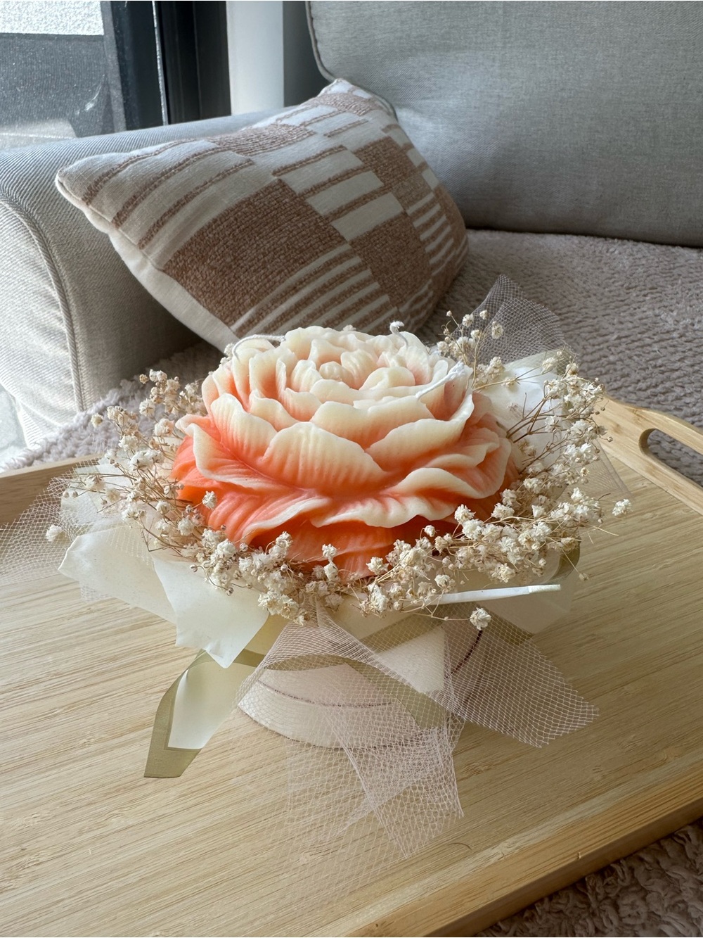 Peach & Cream Floral Candle Centerpiece